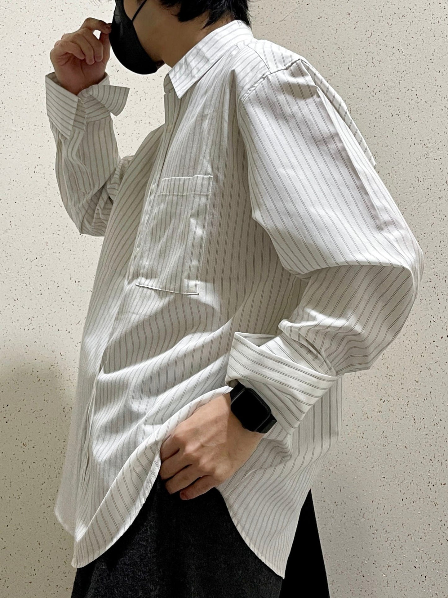 남자오버핏 스트라이프 셔츠 빅사이즈 벌룬핏 긴팔셔츠 화이트 Big Cuffs Balloon Stripe Shirts White