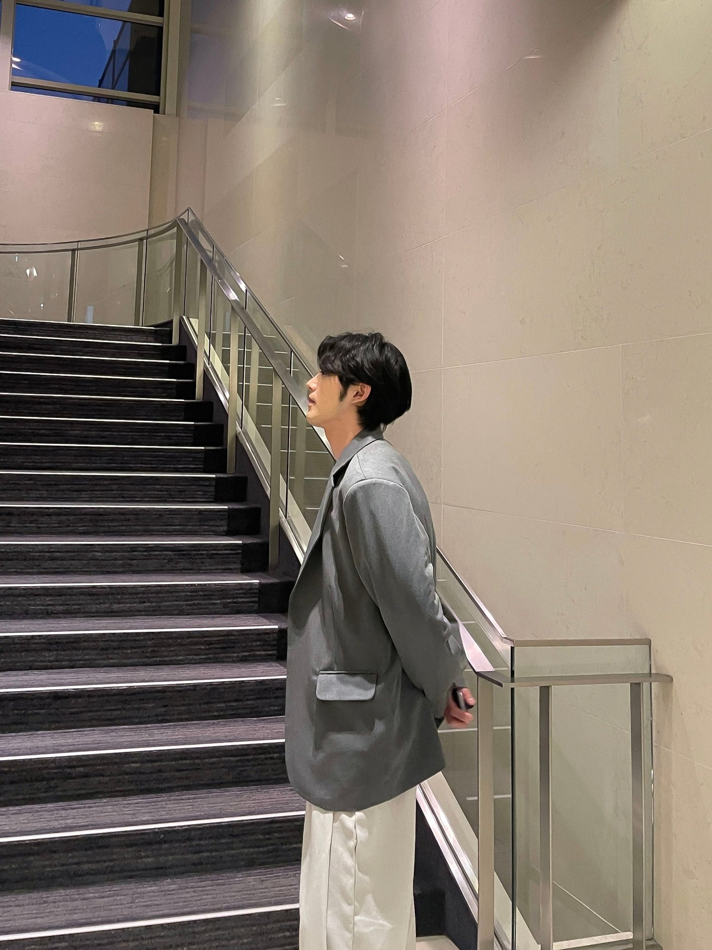 남자 싱글블레이저 오버핏 봄 미니멀룩 그레이 Daddy Single Blazer grey