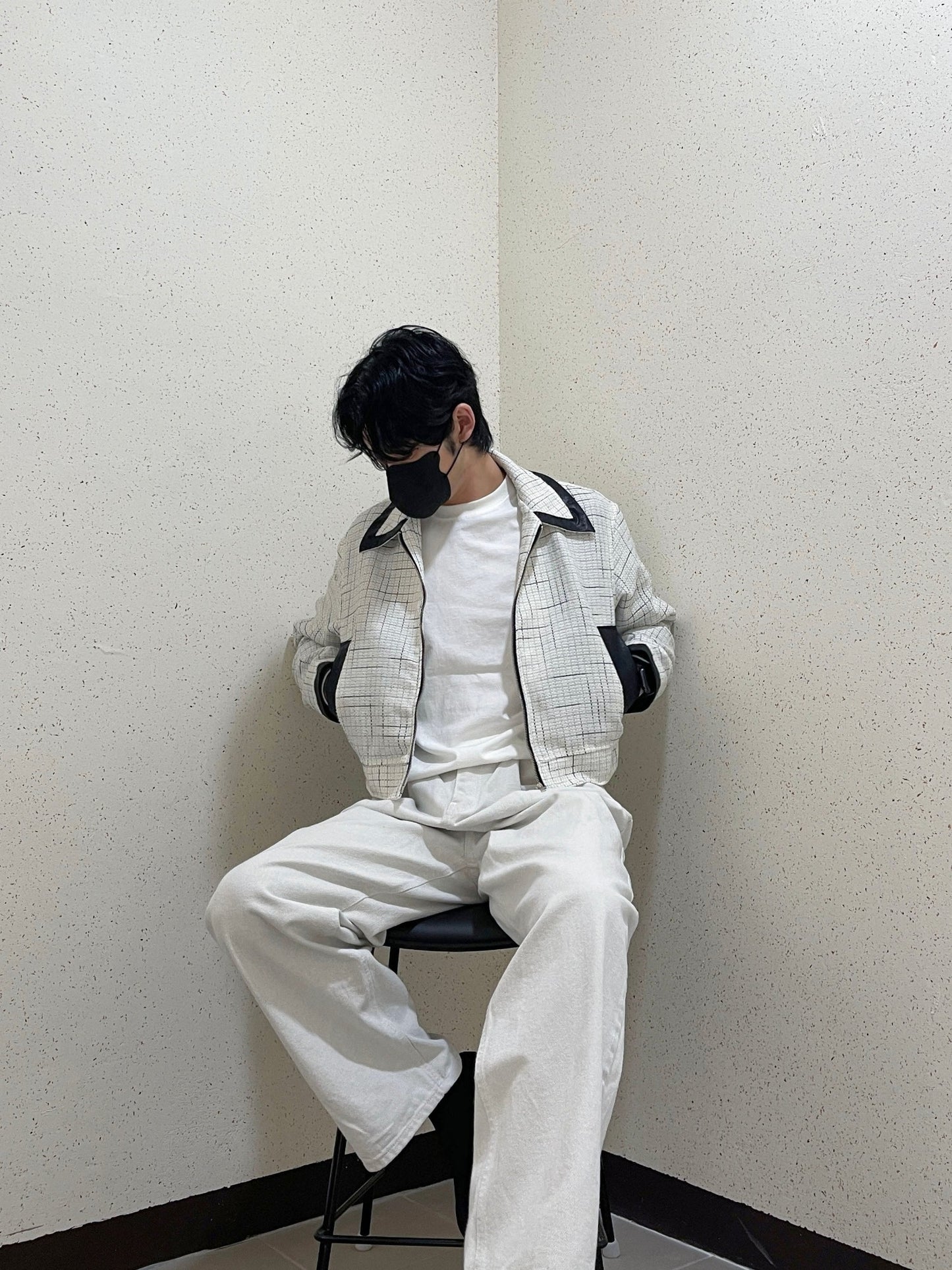 레더 배색 크롭자켓 트위드 숏 자켓 아이보리 Leather Coloring Tweed Cropped Jacket Ivory