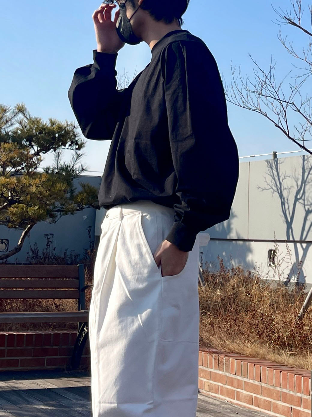 백 버클 퍼티그 와이드 팬츠 유니크 와이드바지 화이트 Back Buckle Fatigue Wide Pants White