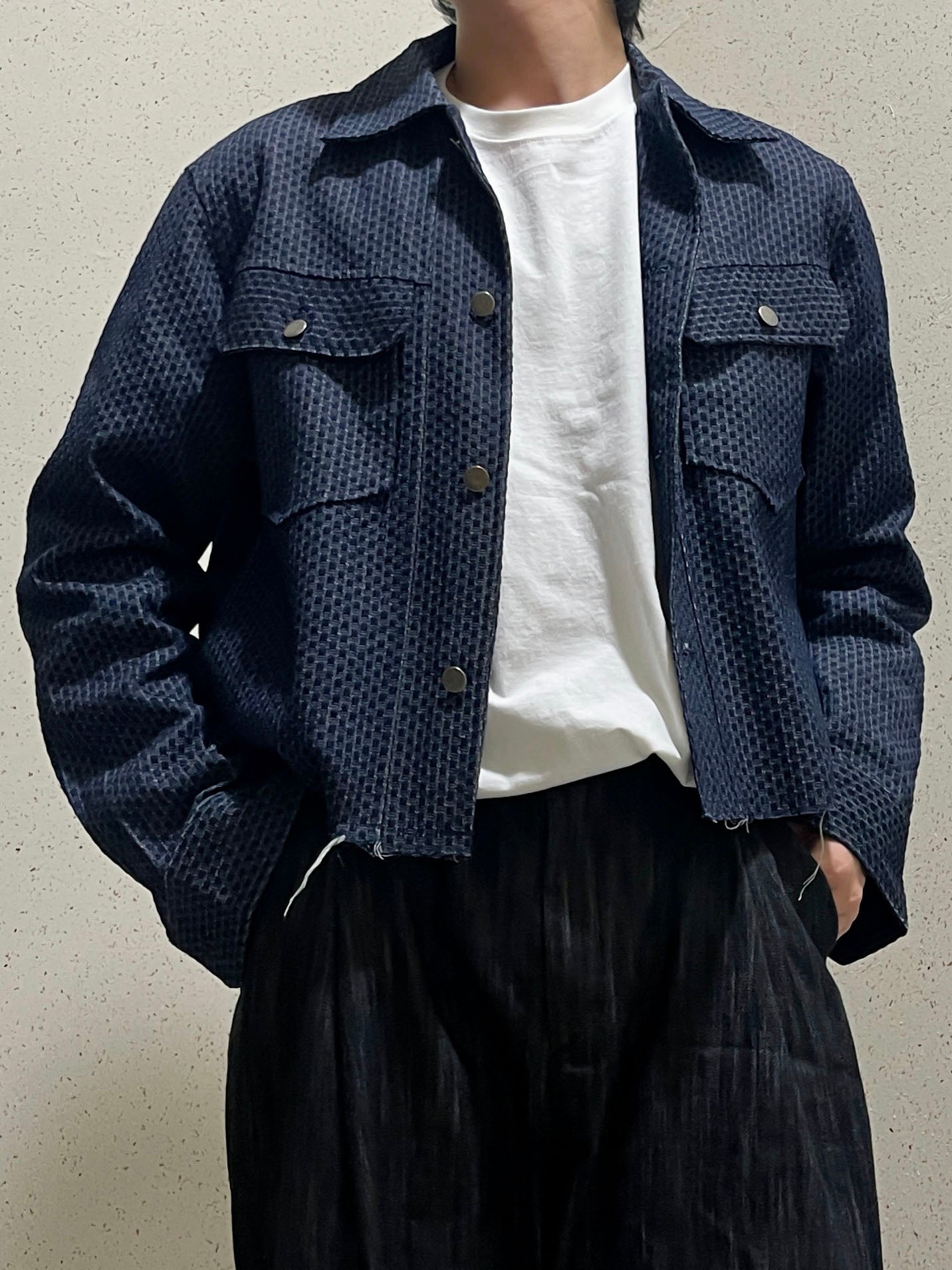 Crop Cutting Denim Jacket Dark blue 남자데님자켓 밑단컷팅 크롭자켓 오버핏 진청
