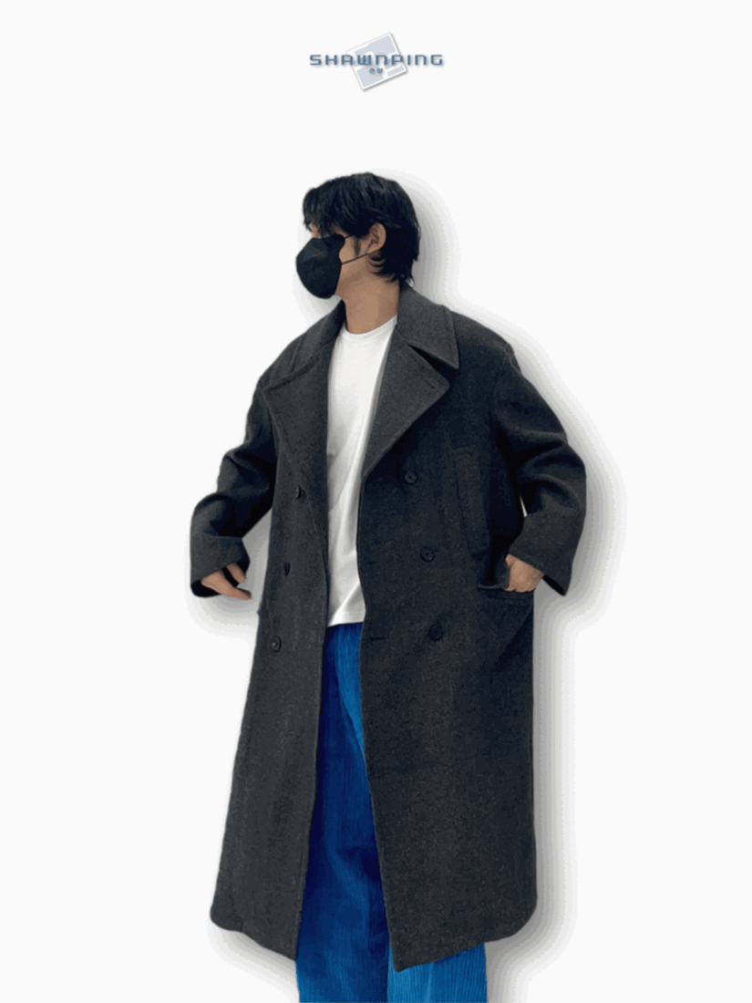 백슬릿 오버핏 남자 울 더블 버튼 롱 코트 차콜 Back Slit Overfit Double Coat Charcoal