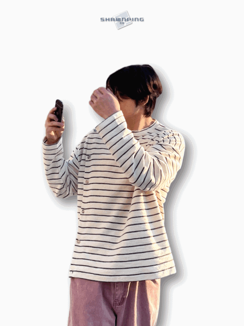 남자 오버핏 버튼 스트라이프 단추 단가라 티셔츠 블랙 Button Stripe T-shirt Black