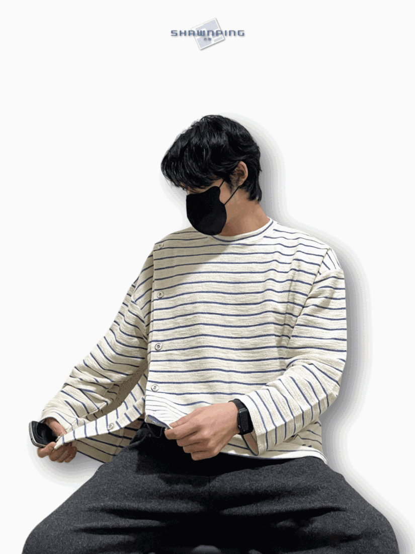 남자 오버핏 버튼 스트라이프 단추 단가라 티셔츠 블루 Button Stripe T-shirt Blue