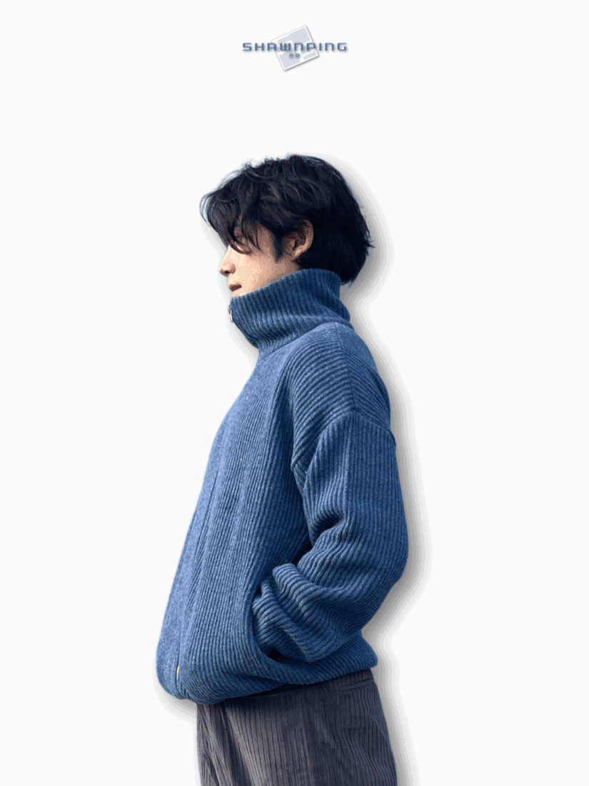 하이넥 폴라 투웨이 집업 울 니트 오버핏자켓 블루 High Neck 2way Zip Up Wool Knit