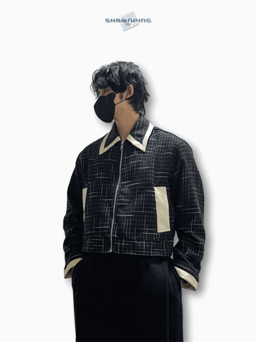 레더 배색 크롭자켓 트위드 숏 자켓 블랙 Leather Coloring Tweed Cropped Jacket Black