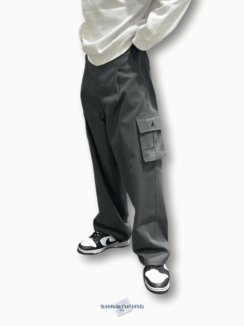 논페이드 와이드 카고 팬츠 로우코튼 카고바지 차콜 Nonfaded Row Cotton Wide Cargo Pants