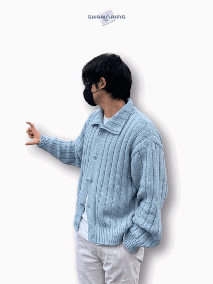 왕골지 울 가디건 오버핏 니트 자켓 소라 Ribbed Wool Cardigan Jacket