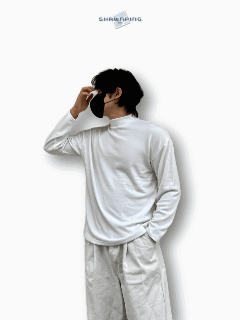 시그니쳐 반폴라 긴팔티 기본티 롱슬리브 루즈핏 화이트 Signature Half-Turtleneck Long Sleeve T