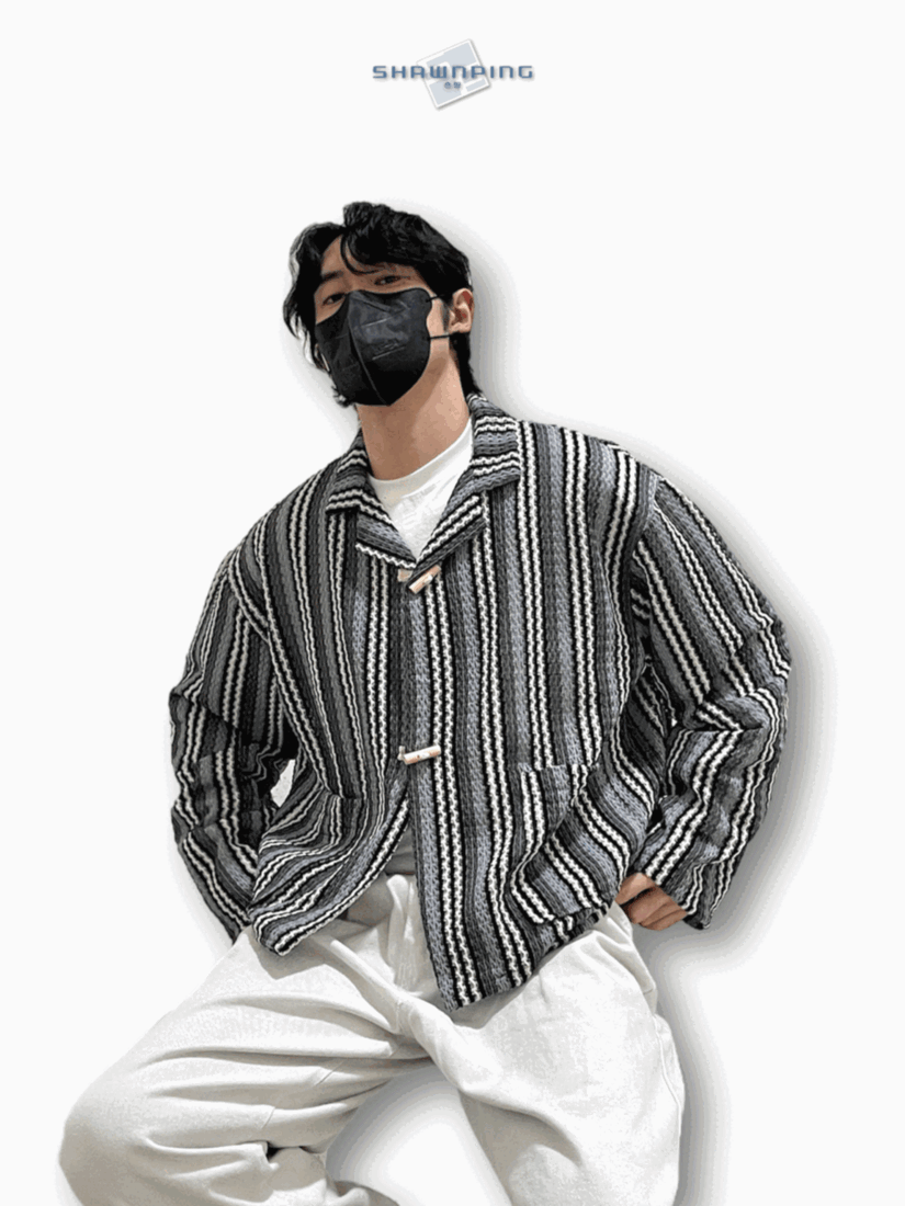 우드 토글 스트라이프 니트 봄 가디건 떡볶이 오버핏 블랙 Toggle Stripe Knit Cardigan Black