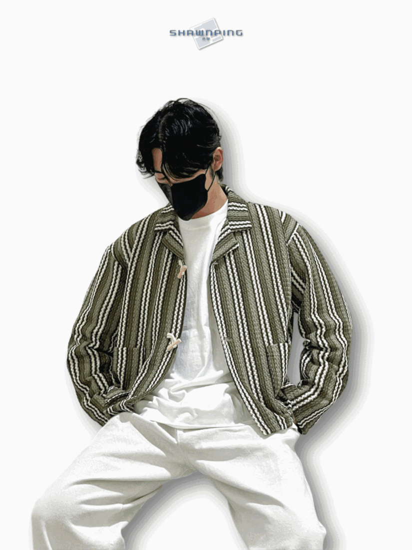 우드 토글 스트라이프 니트 봄 가디건 떡볶이 오버핏 카키 Toggle Stripe Knit Cardigan Khaki