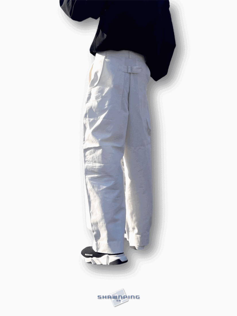 백 버클 퍼티그 와이드 팬츠 유니크 와이드바지 화이트 Back Buckle Fatigue Wide Pants White