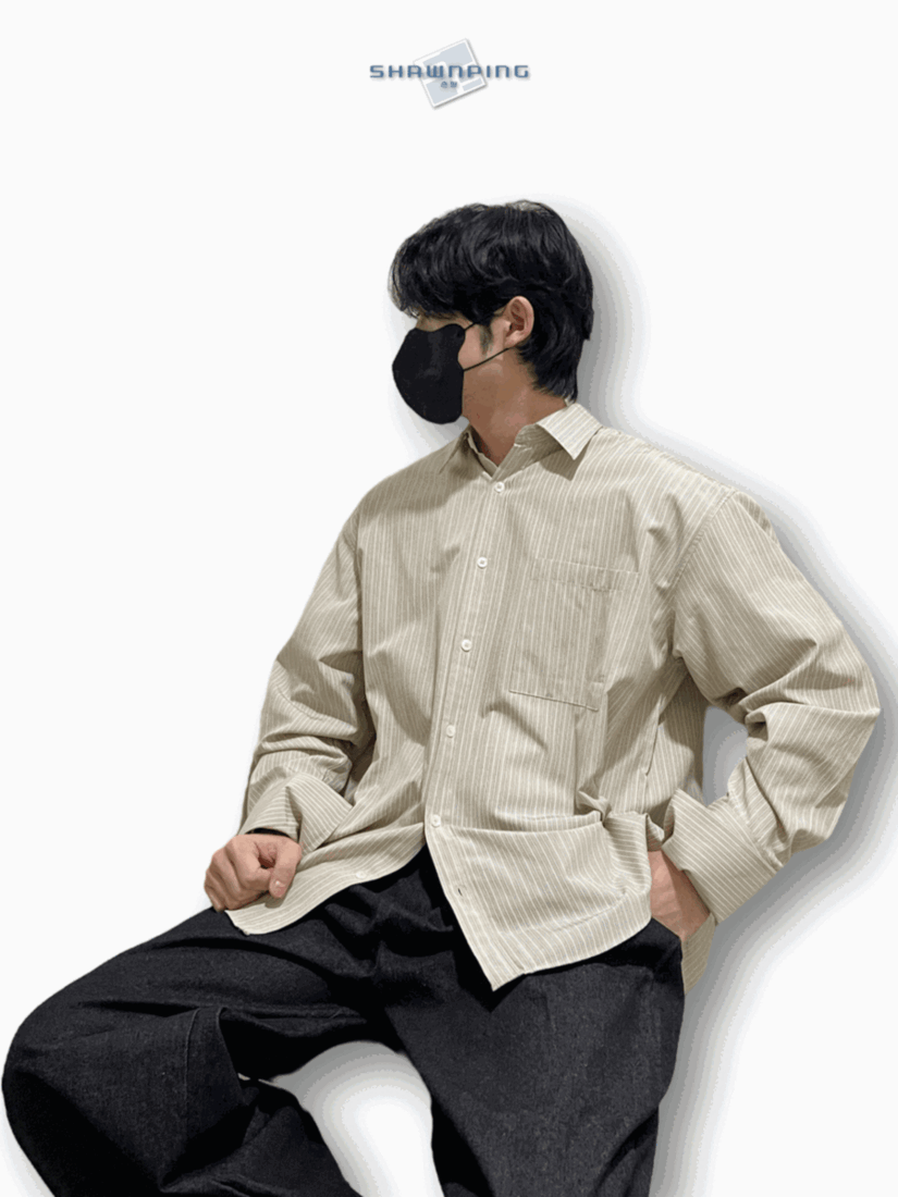 남자오버핏 스트라이프 셔츠 빅사이즈 벌룬핏 긴팔셔츠 베이지 Big Cuffs Balloon Stripe Shirts beige