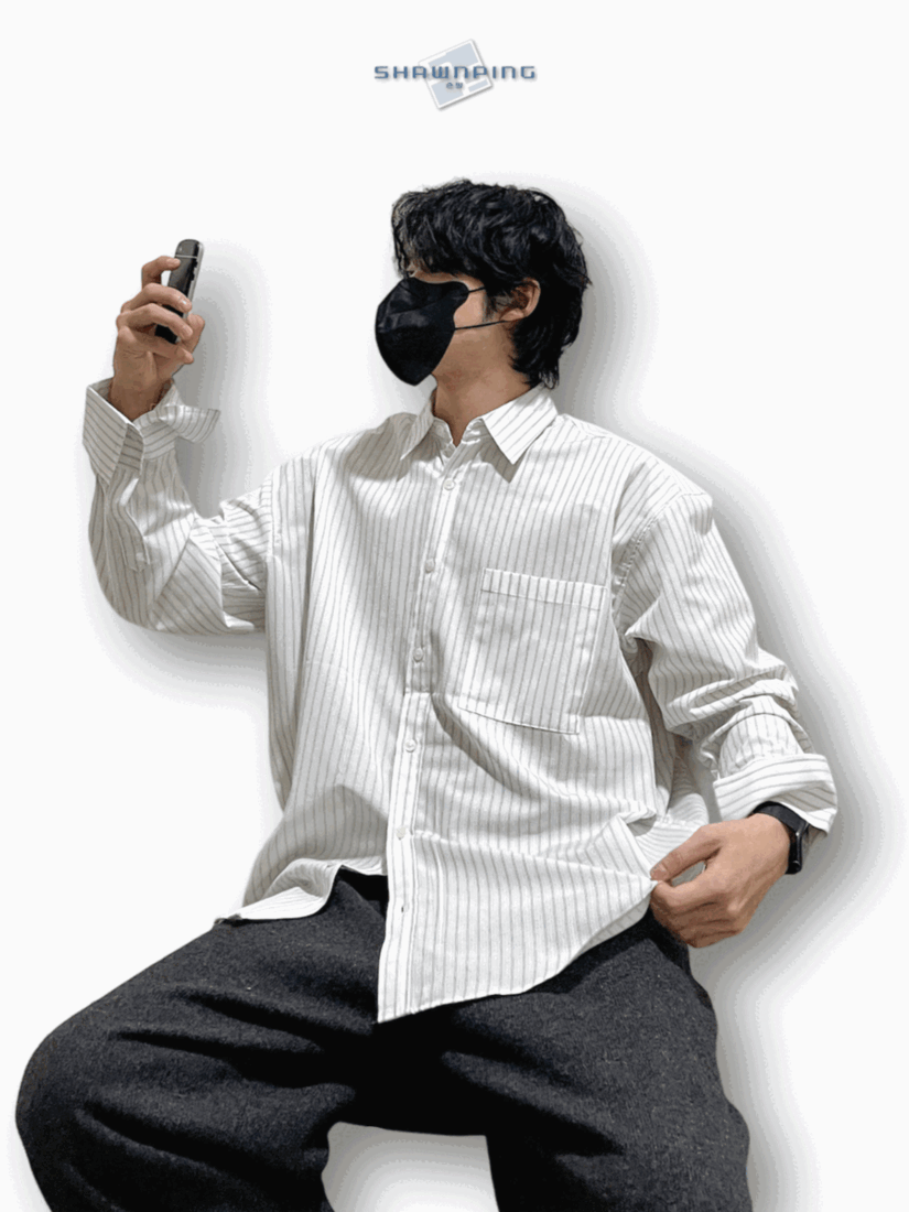 남자오버핏 스트라이프 셔츠 빅사이즈 벌룬핏 긴팔셔츠 화이트 Big Cuffs Balloon Stripe Shirts White