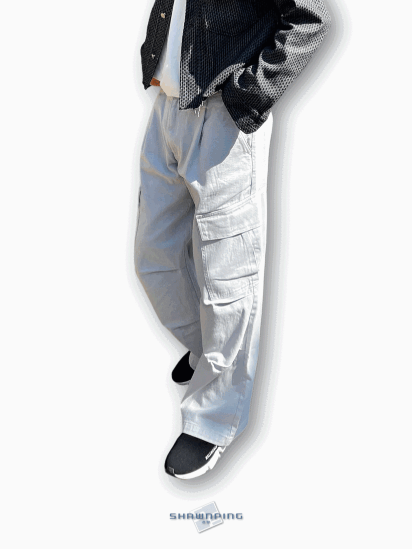 남성카고바지 와이드핏 핀턱 건빵 스트릿룩 라이트그레이 Dyeing Wide Cargo Pants lightgrey