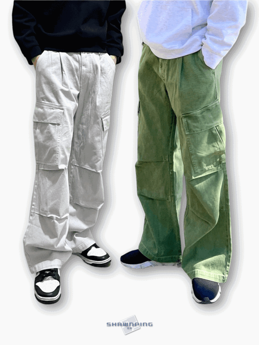 남성카고바지 와이드핏 핀턱 건빵 스트릿룩 올리브 라이트그레이 Dyeing Wide Cargo Pants Olive Lightgrey