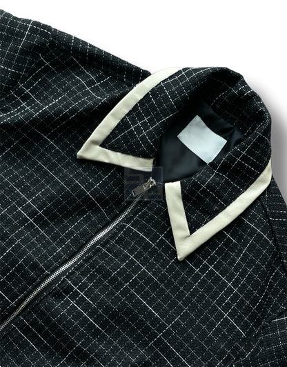 Leather Coloring Tweed Cropped Jacket Black