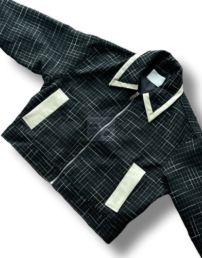 Leather Coloring Tweed Cropped Jacket Black