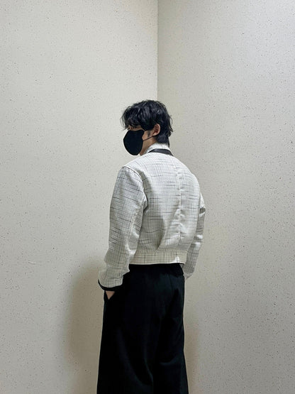 레더 배색 크롭자켓 트위드 숏 자켓 아이보리 Leather Coloring Tweed Cropped Jacket Ivory
